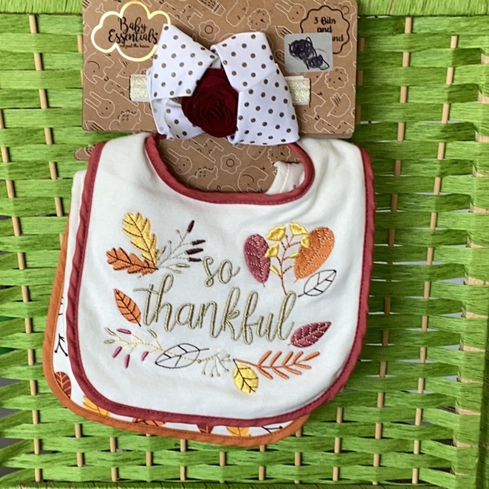 Baby Essentials White and Red Bib with Thankful Design